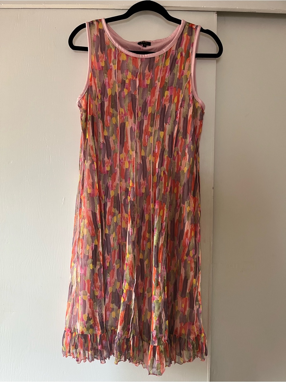 Sleeveless Pink Multi-Color Printed Chiffon Shift Dress